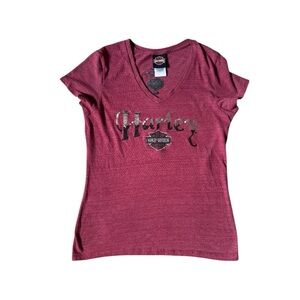 Harley Davidson Womens Large Cranberry Tee Shirt Rhinestone Austin Texas